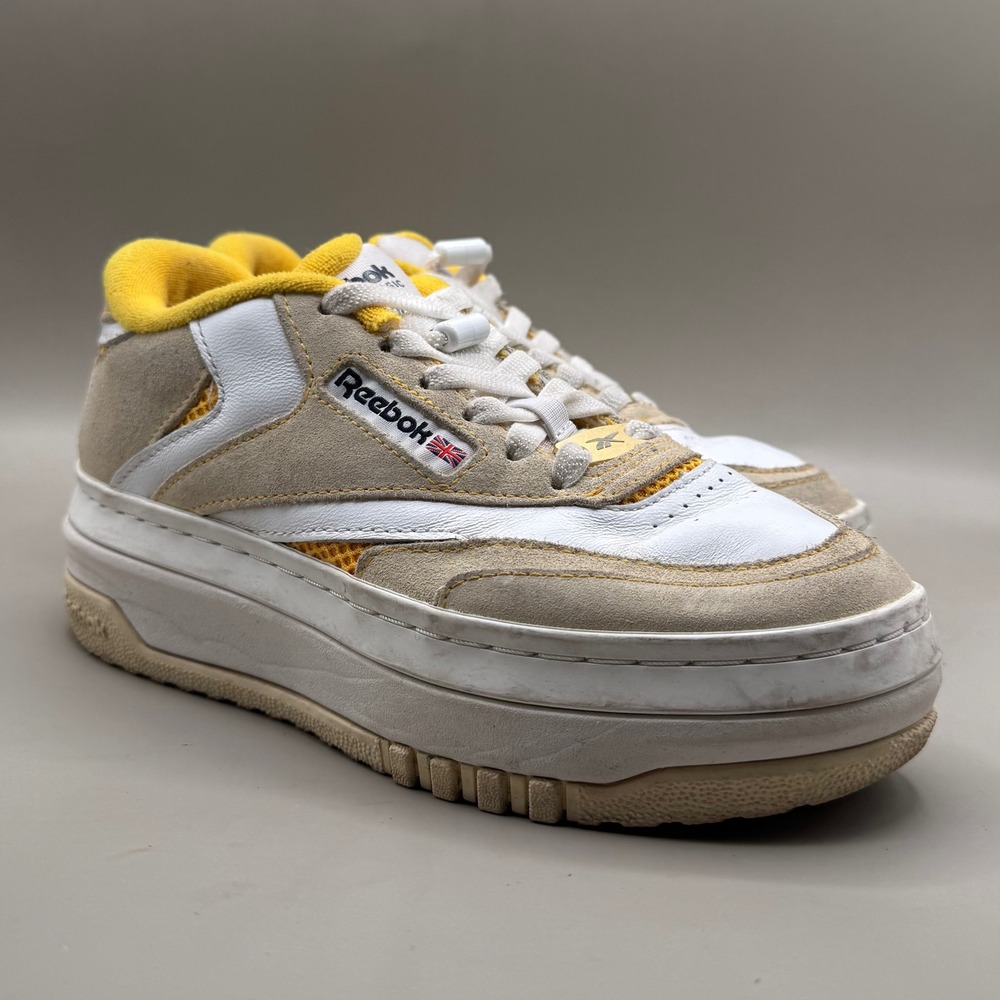 Reebok Club C Extra Sneakers Womens Size 5 Platform Leather Suede White Yellow